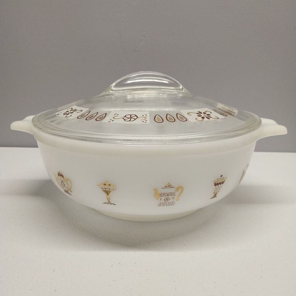 Vintage Glasbake 2 Qt Casserole Dish w Lid Gold Teapot MCM Inland Glass USA